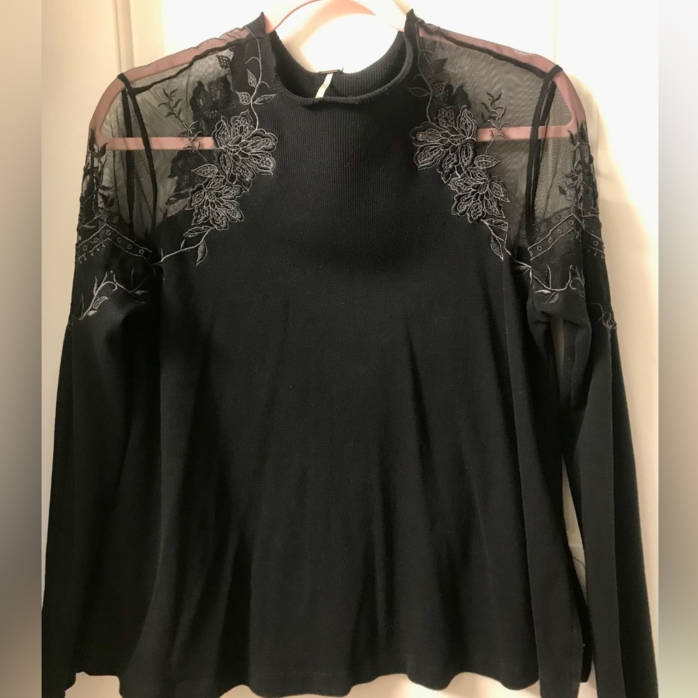 Free People Gothic Black Mesh Floral Embroidered Cold Shoulder Top Medium